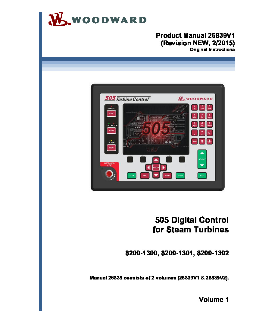 First Page Image of 8200-1300 505 Digital Control for Steam Turbines Manual 26839V1.pdf